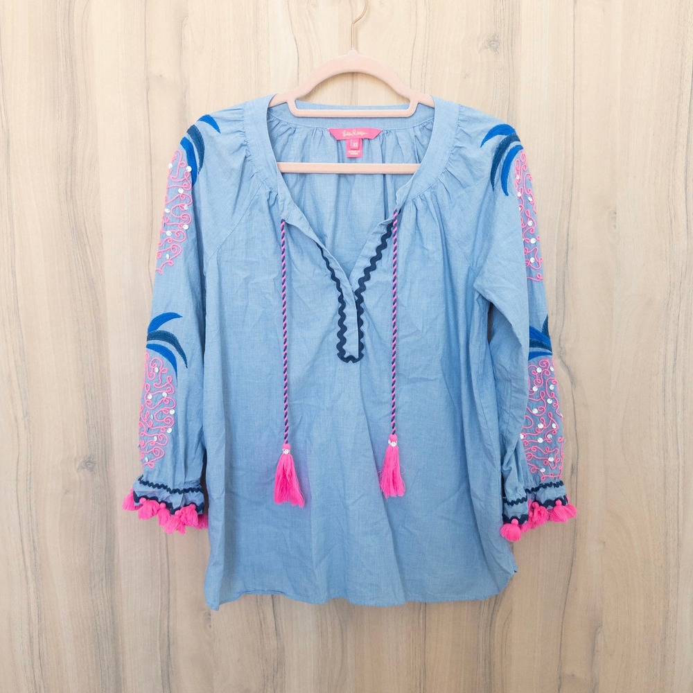 Lilly Pulitzer Haddie Embroidered Tunic Blouse XS Blue Boho Preppy Resort Summer